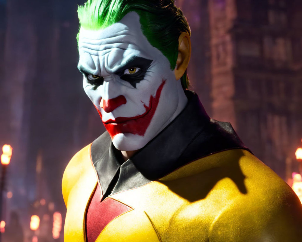 Green-haired animated character in superhero costume against neon cityscape