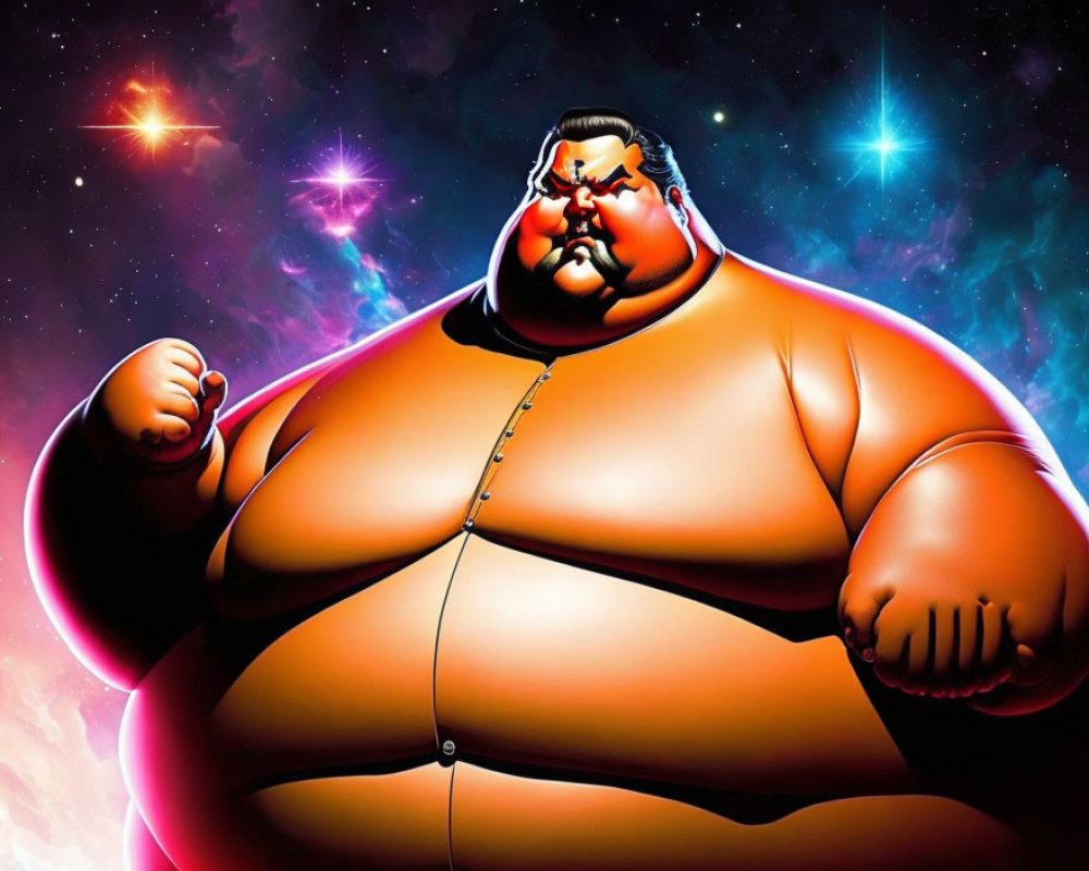 Stylized rotund character in cosmic setting with bright stars