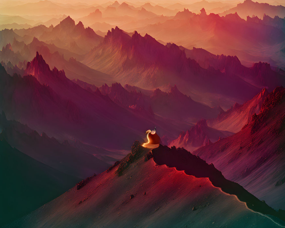 Vibrant surreal landscape with person by pond and colorful mountain ridges