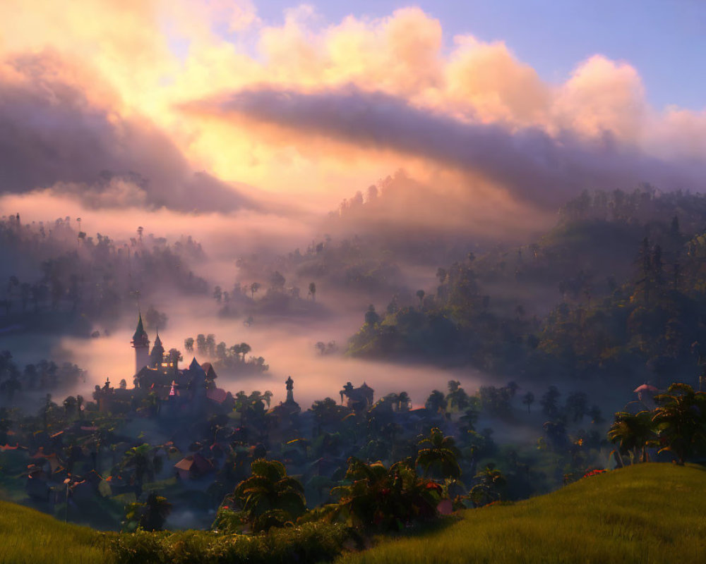 Serene sunrise landscape with misty rays over traditional village in hills