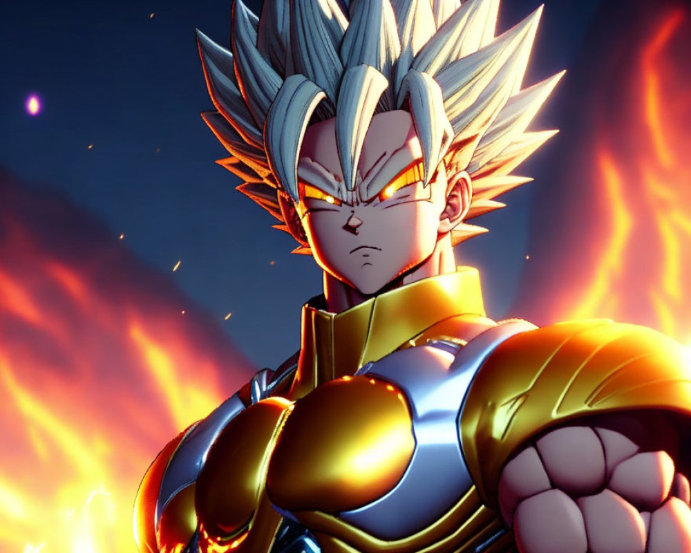 Spiky silver hair and golden armor character in fiery dusk setting
