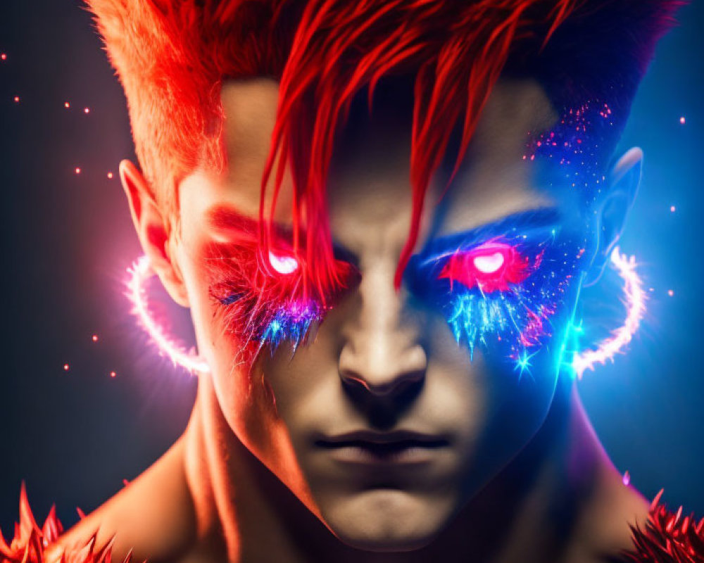 Vibrant red spiky hair and glowing blue and red eyes on dark background