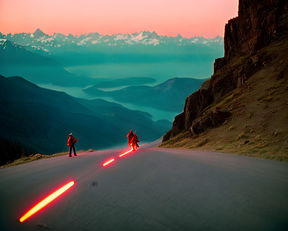 Mountain road scene with two backpackers and light trails overlooking misty valley at sunset