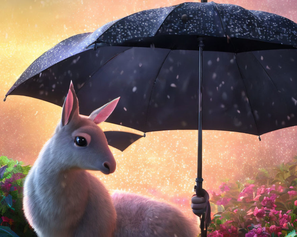 Animated kangaroo-like creature with black umbrella in pink flower setting