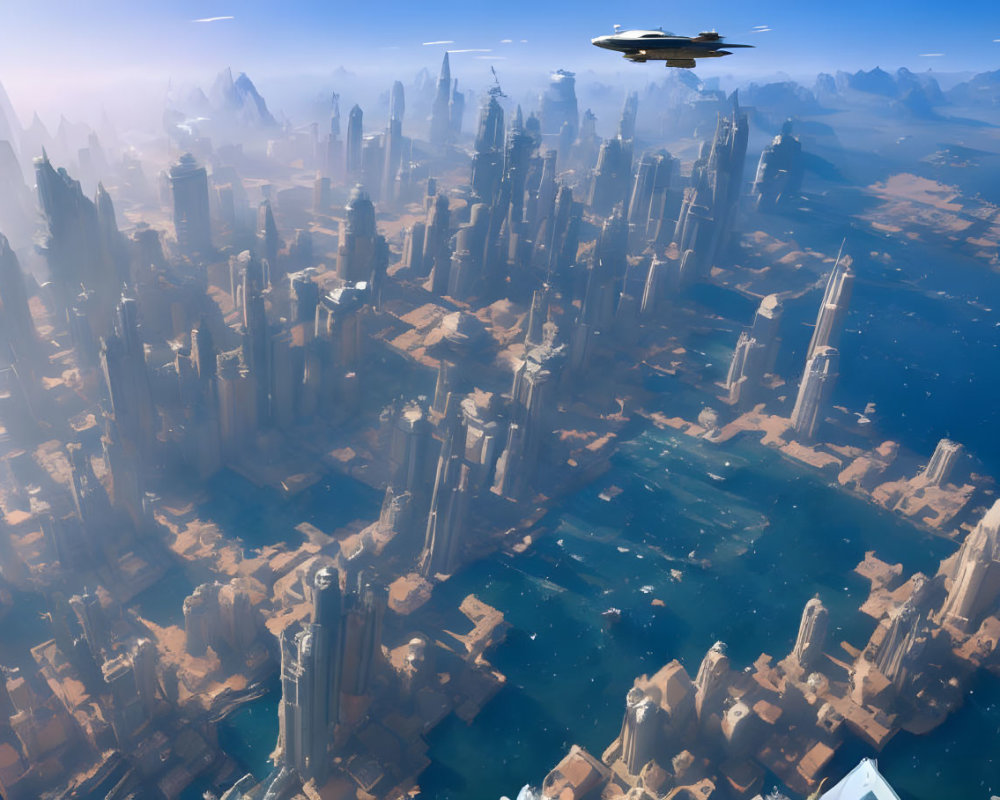 Futuristic desert cityscape with towering skyscrapers and waterways