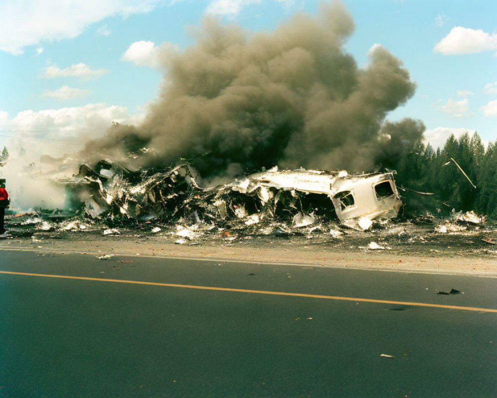 Vehicle wreckage and smoke on road with emergency personnel under clear sky