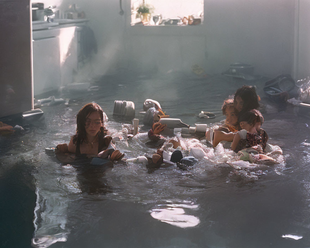 People floating on pool noodles in flooded indoor space with sunlight filtering through