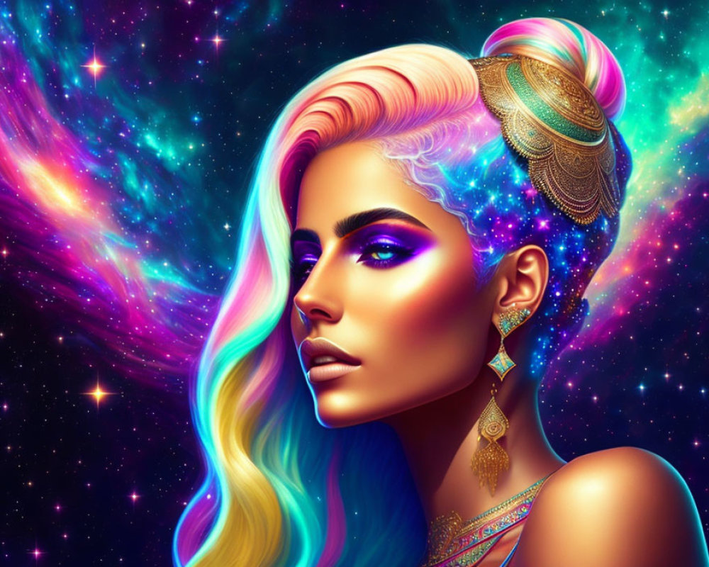 Colorful digital artwork: Woman with multicolored hair in cosmic setting