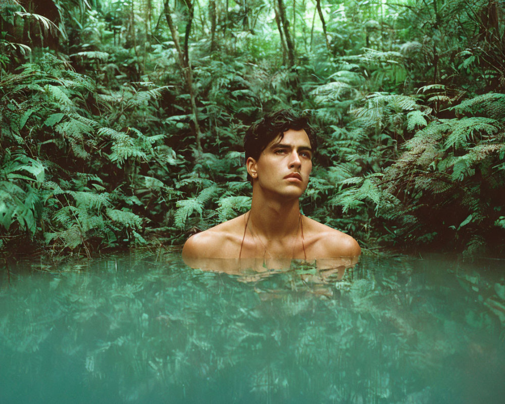 Person emerging from teal waters in lush forest setting