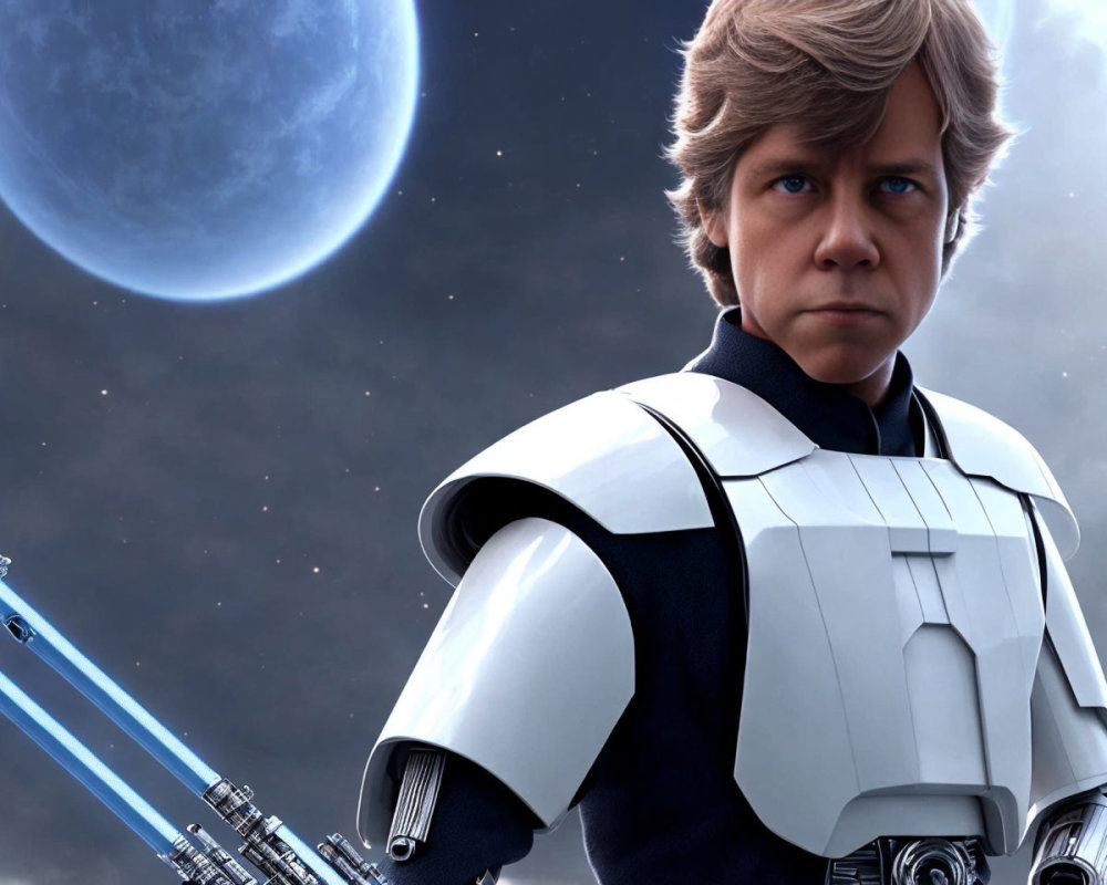 Young male in futuristic armor with blue lightsaber on planet backdrop
