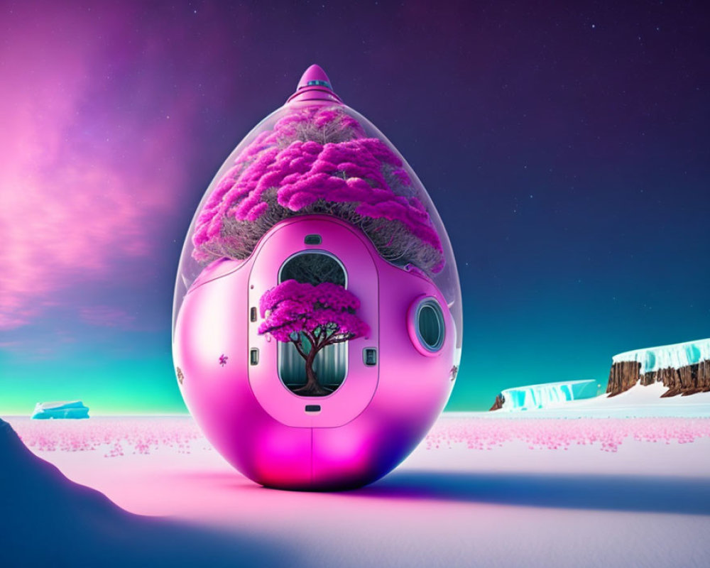 Futuristic pink egg-shaped pod with vibrant trees in snowy landscape