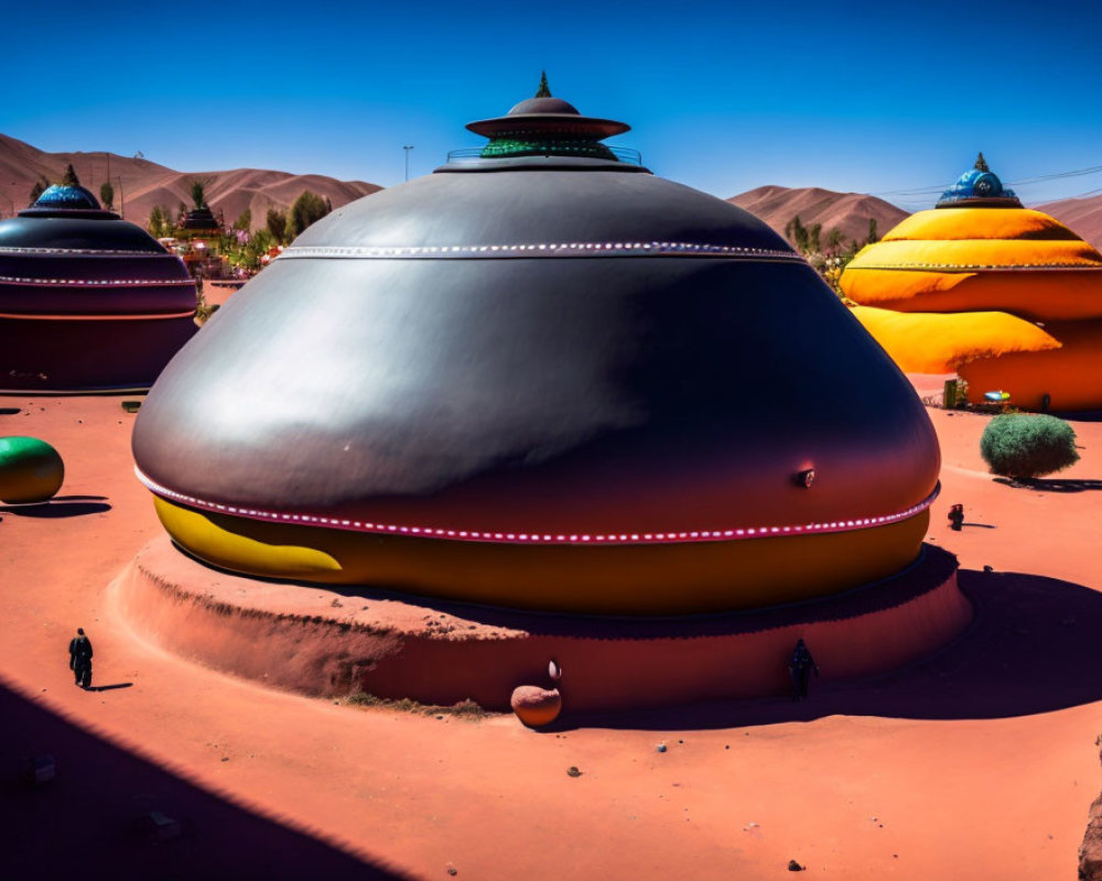 Vibrant futuristic desert landscape with dome-shaped structures
