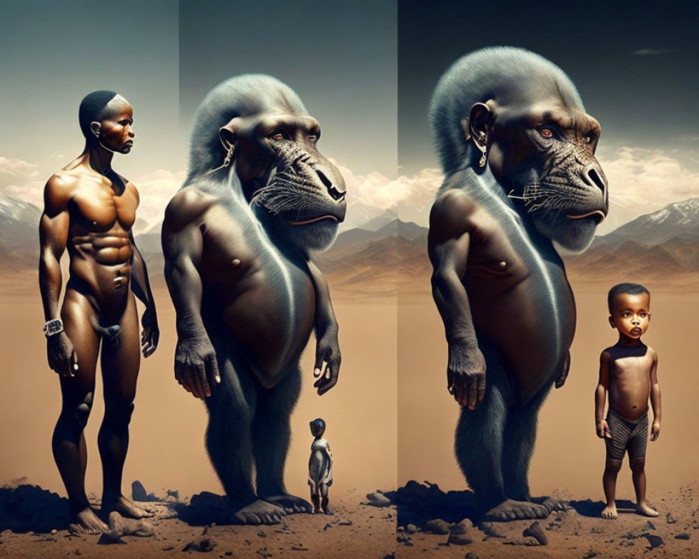 Surreal artwork depicting transformation from man to child in desert landscape