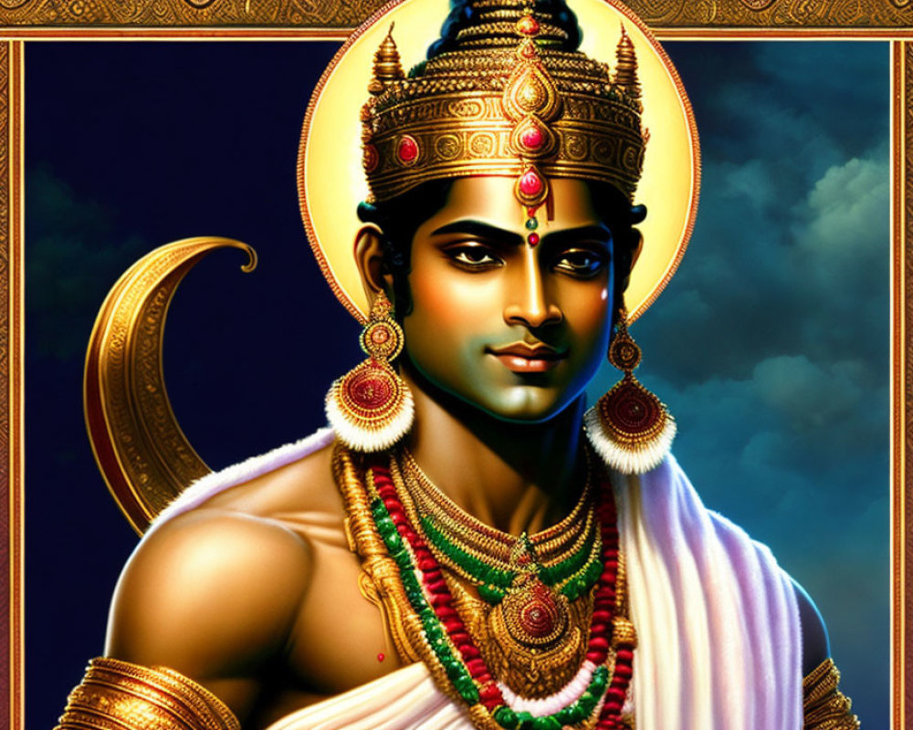 Regal Indian figure in crown, jewelry, and white attire