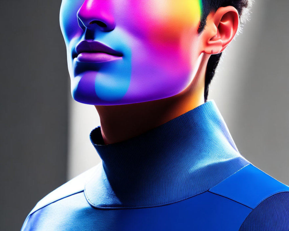 Mannequin-like figure in blue bodysuit with rainbow-colored lighting