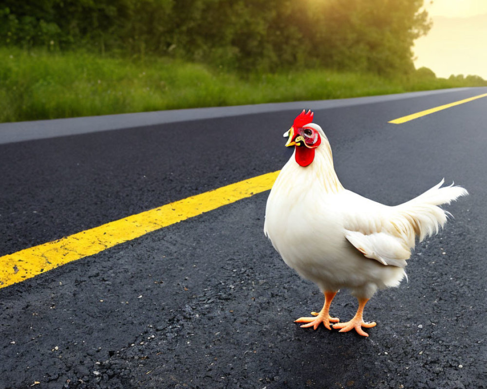 White chicken with red comb in center of road with yellow lines, surrounded by lush greenery