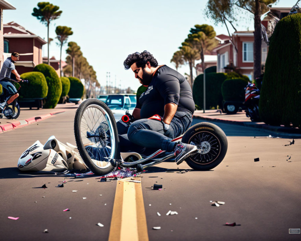 Two people with tricycle and bike in outdoor scene
