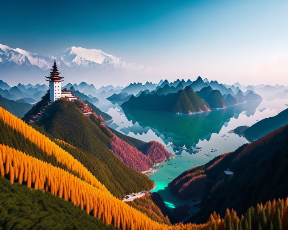 Scenic landscape with pagoda, mountains, lake, and autumn foliage