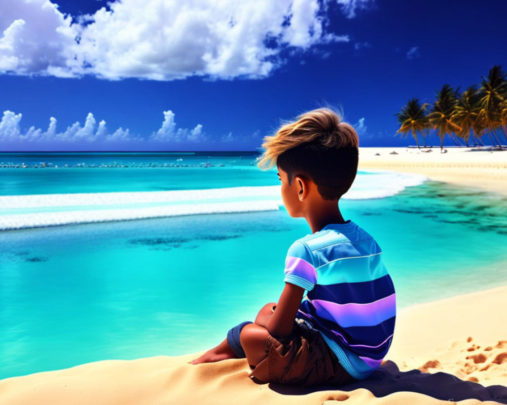Boy sitting on sandy beach with turquoise sea and palm trees