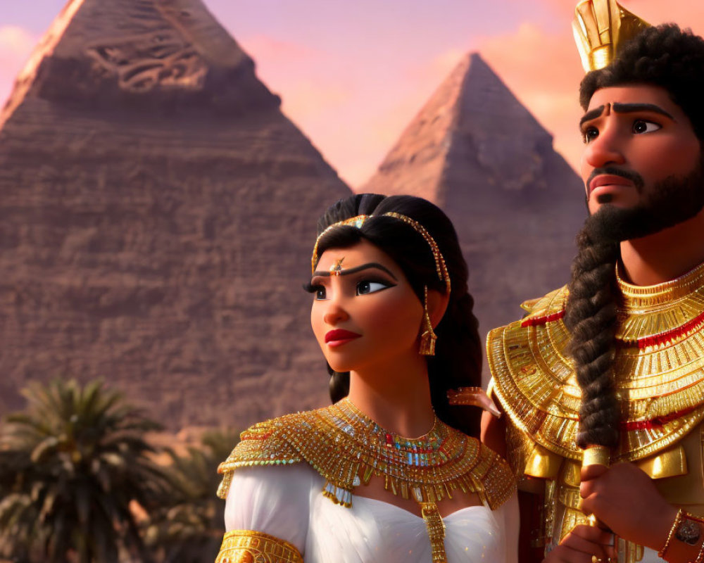 Ancient Egyptian-themed animated characters with pyramids and traditional attire at sunset