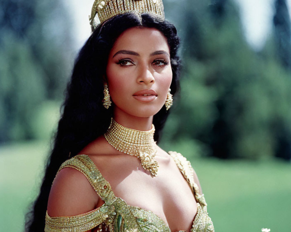 Dark-Haired Woman in Golden Crown and Attire Stands Regally