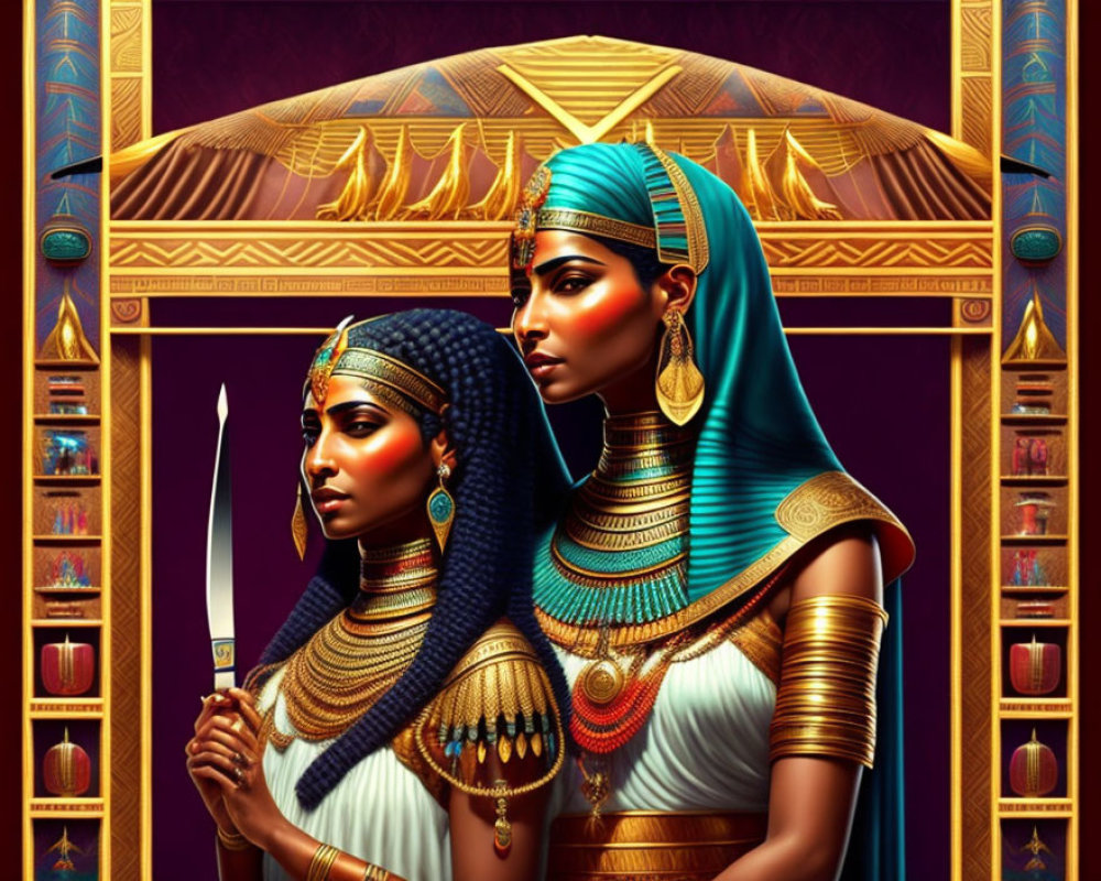Stylized regal women in ancient Egyptian attire with gold jewelry and headdresses.