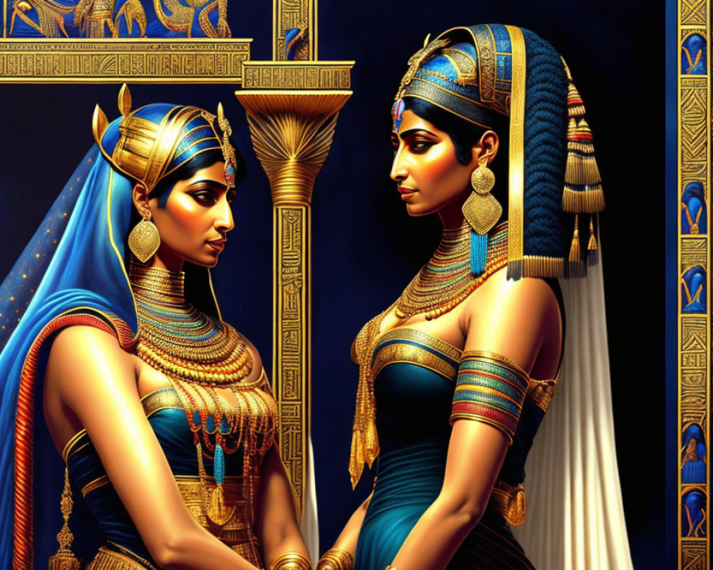 Ancient Egyptian-themed artwork featuring two women with ornate jewelry and headdresses.