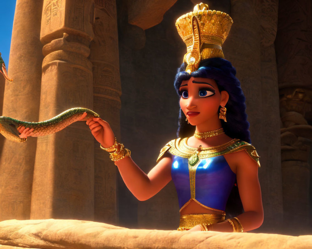 Animated young queen in ancient Egyptian attire with cobra and gold jewelry against temple backdrop