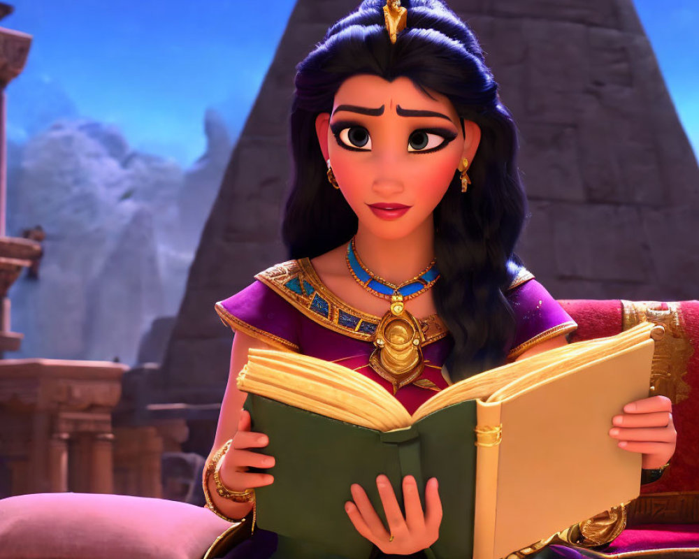Animated character in royal attire reading open green book against stone architecture and mountains