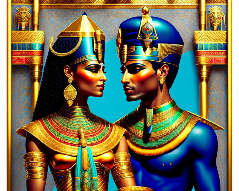Stylized Egyptian queen and king in profile with intricate headdresses and ceremonial attire on golden hierog