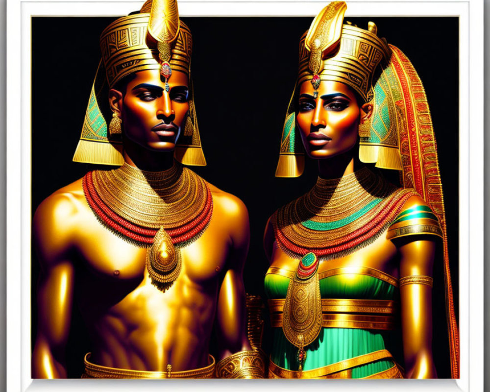Vibrant digital artwork of ancient Egyptian figures in traditional attire