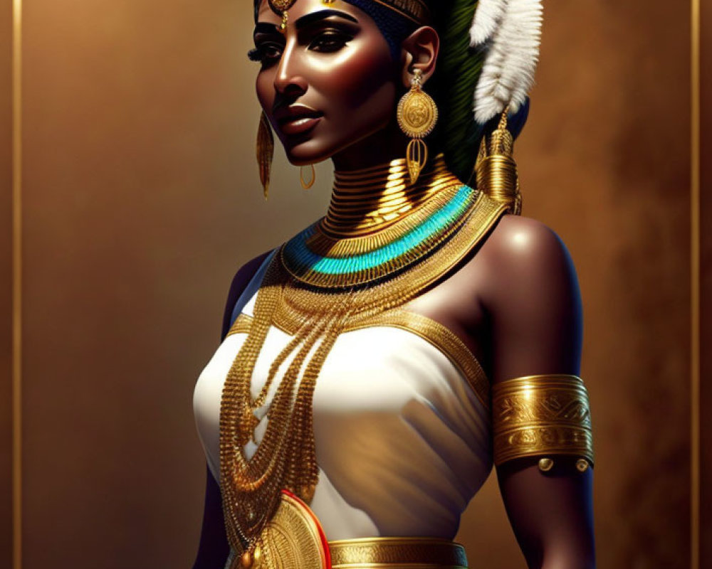 Ancient Egyptian figure in regal attire with intricate jewelry and golden lighting