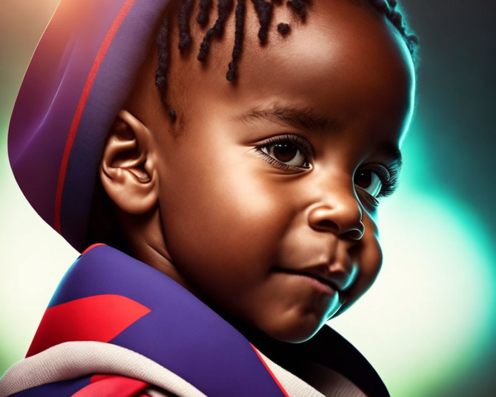 Child in Colorful Hooded Cloak with Braided Hair Smiling Against Bokeh Background