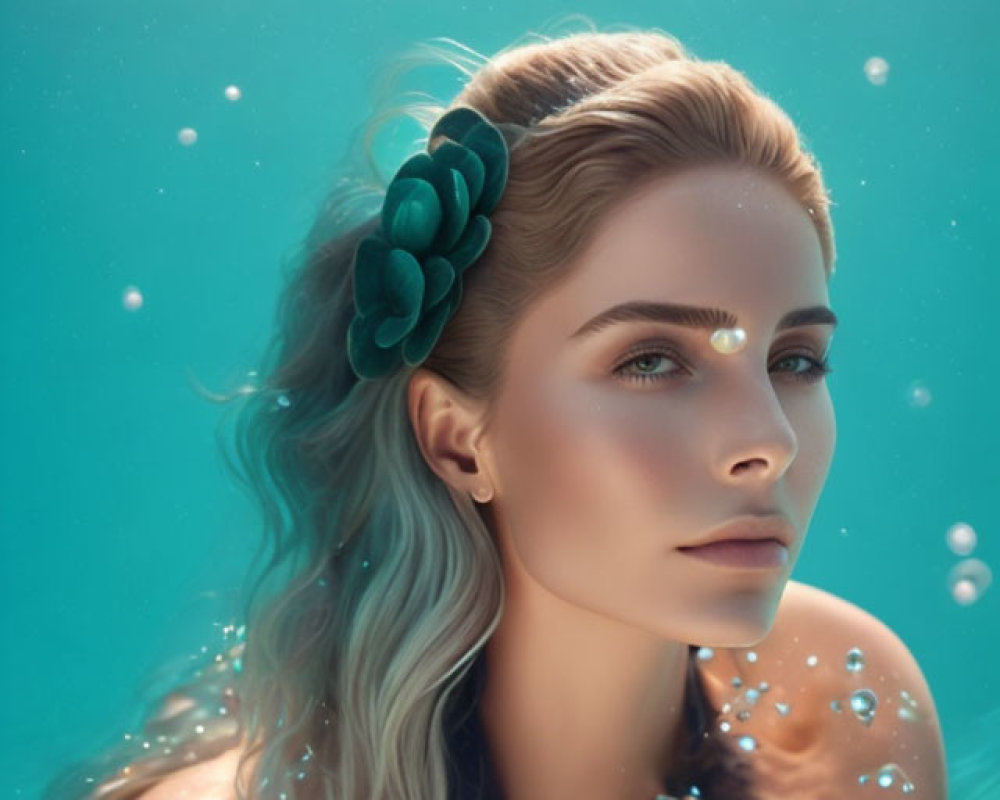 Woman with flowing hair underwater, serene expression, air bubbles, warm lighting, turquoise backdrop