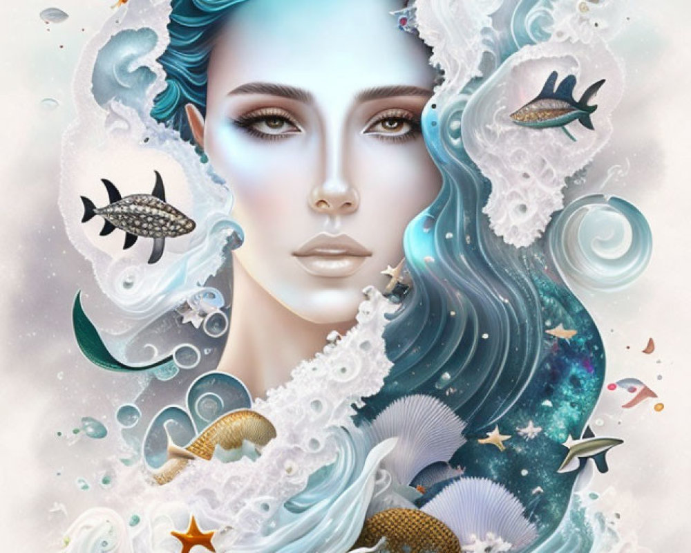 Surreal woman's face with oceanic elements in soft pastel tones
