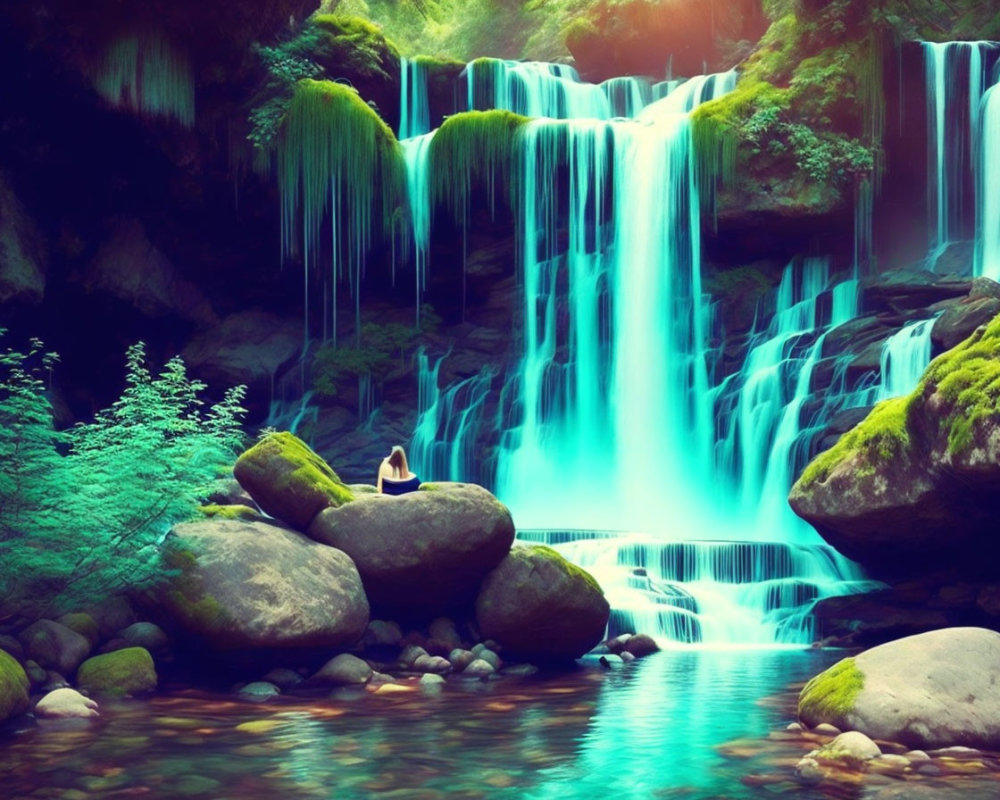 Tranquil waterfall scene with person reading book