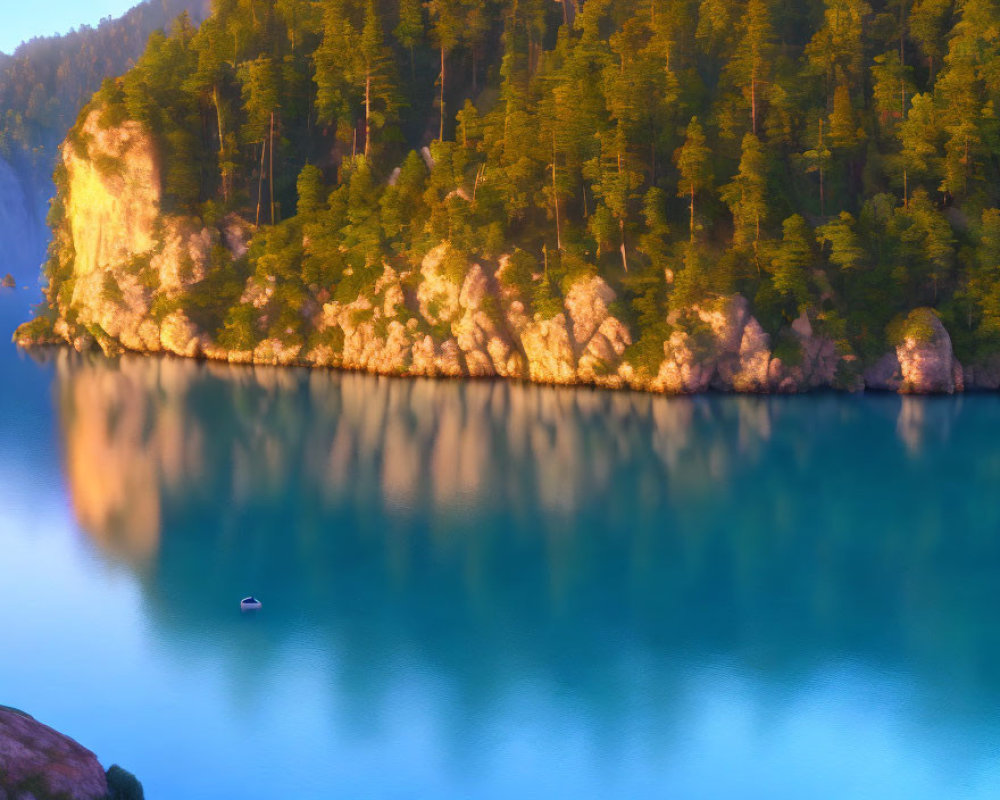 Tranquil lake with turquoise waters and lush cliffside trees