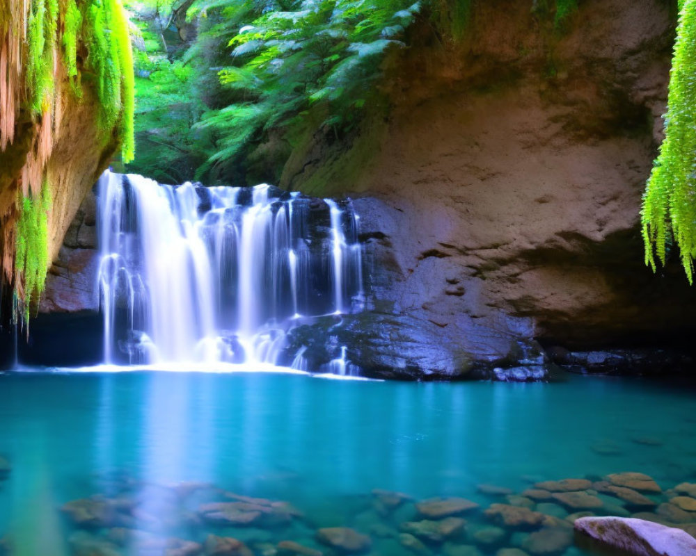 Tranquil waterfall cascading into turquoise pool amid lush greenery