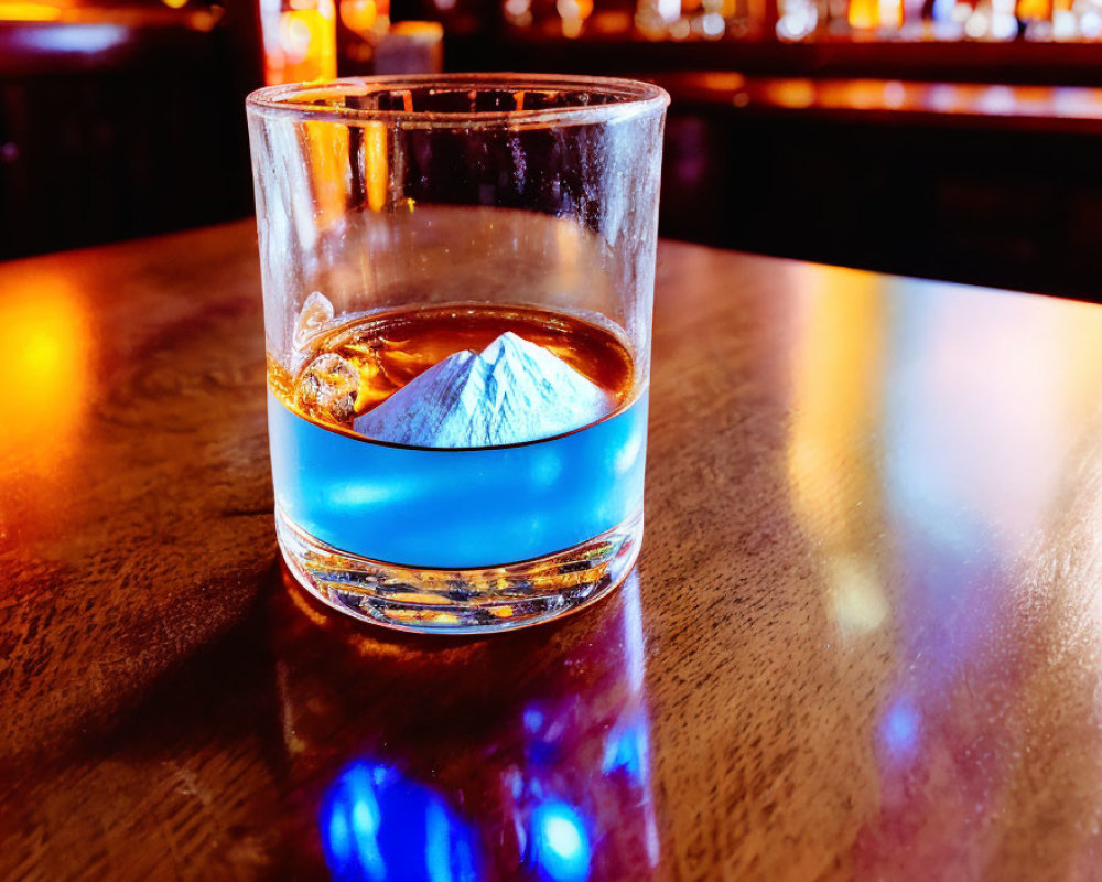 Whiskey glass with large ice cube on bar top in warm ambient light