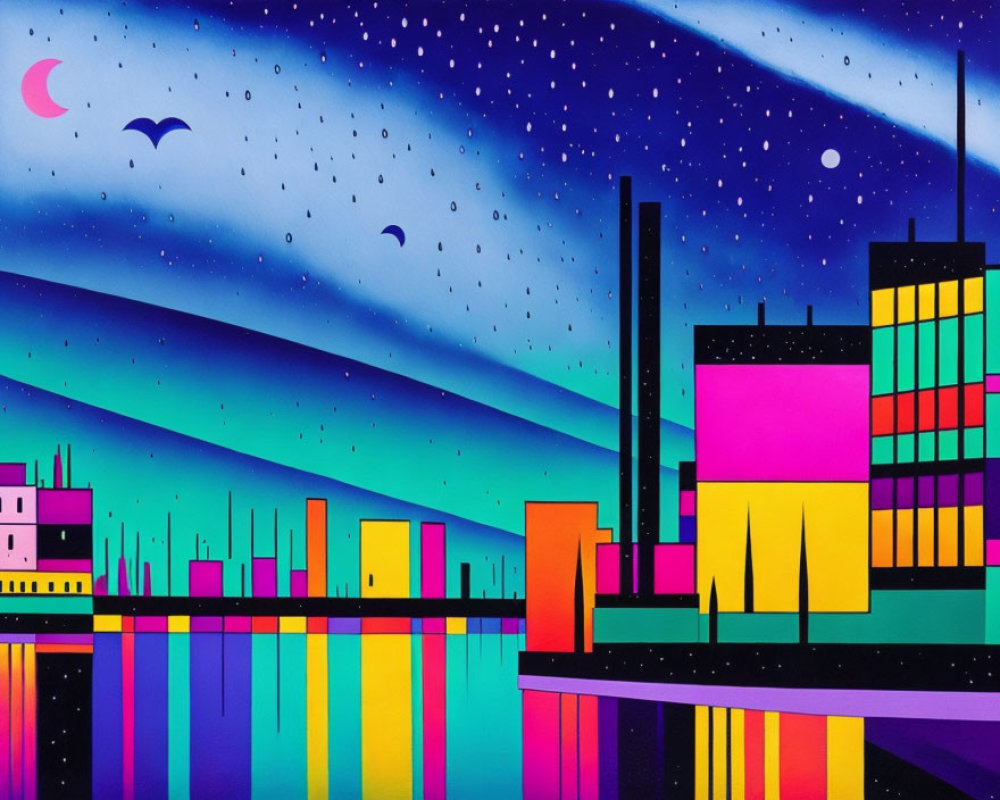 Colorful cityscape at night with crescent moon and bats in starry sky