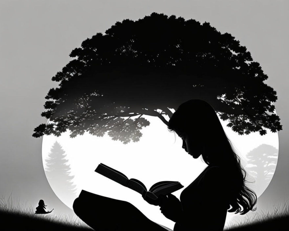 Woman Reading Book Under Tree in Circular Silhouette