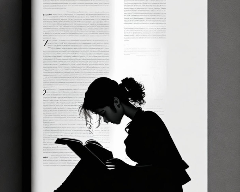 Illustration of girl's silhouette reading in open book.