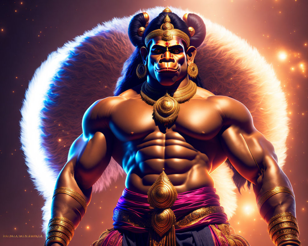 Blue-skinned, multi-armed Hindu deity in cosmic setting