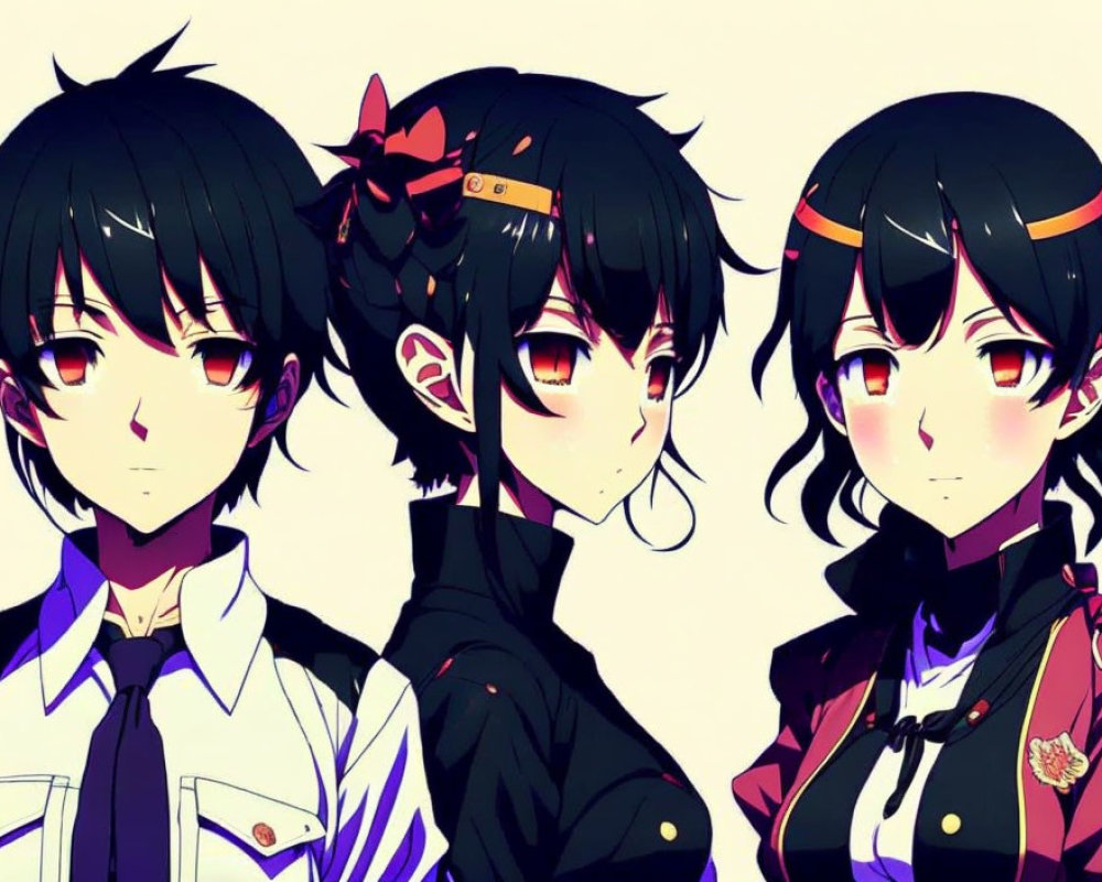 Three Anime Characters with Dark Hair in White Shirt and Red Accents, Side Glancing