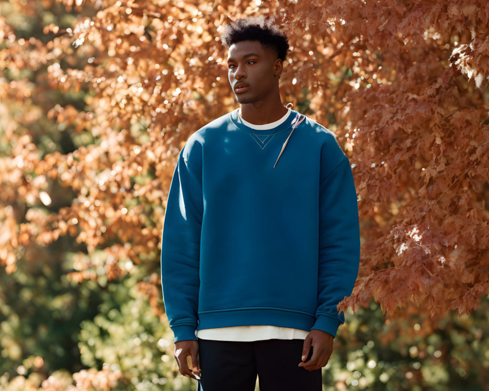Young man in blue sweatshirt standing outdoors with autumn leaves.