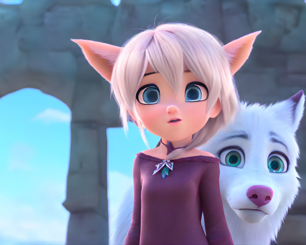 Blonde-Haired Girl with Cat Ears in Purple Outfit with White Furry Creature