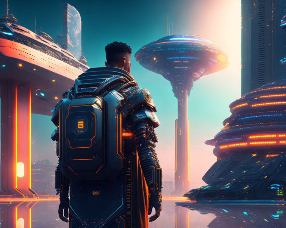 Futuristic armor-clad individual admires advanced cityscape at dusk