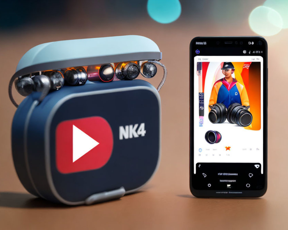 VR Headset with YouTube Logo and Camera Equipment Review Video on Smartphone