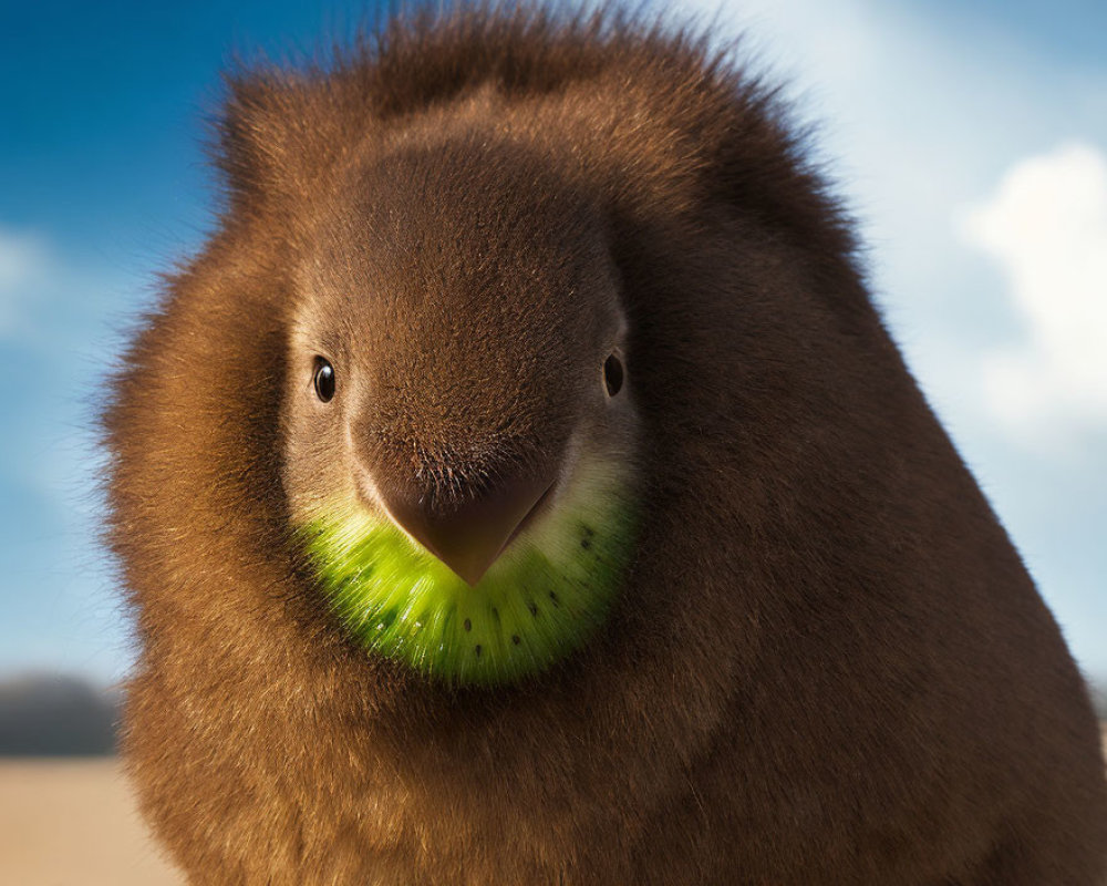 Whimsical fluffy brown creature with kiwi-like neck on blue sky background