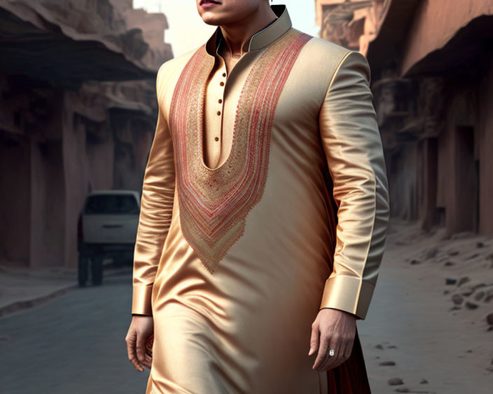Traditional Cream and Orange Sherwani with Intricate Embroidery in Sunlit Alley